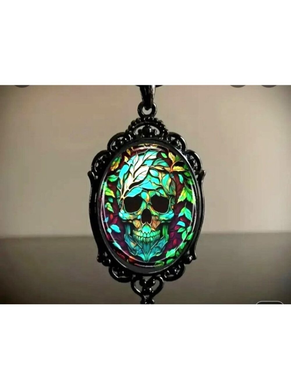 Gothic Skull Pendant Necklace With Colorful Leaf Pattern & Black Chain